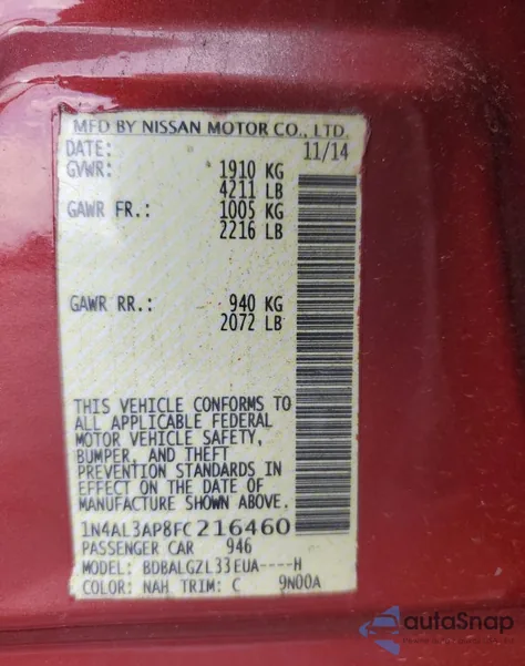 2015 Nissan Altima 2.5 z USA, uszkodzony, nr VIN 1N4AL3AP8FC216460